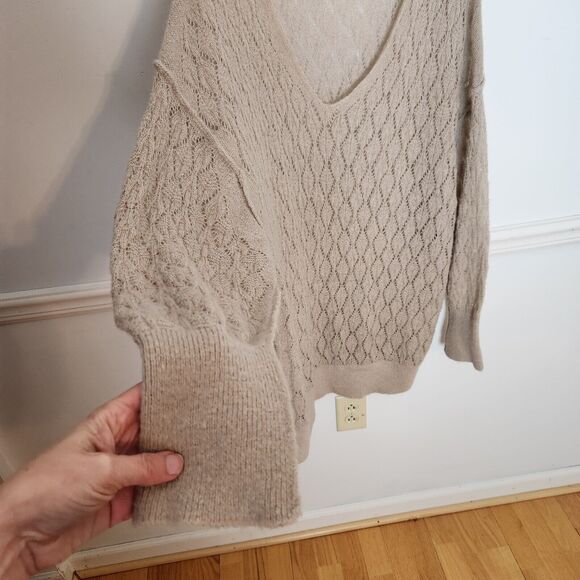 Free People Tunic Sweater Size Large Womens Say Hello Open Knit Oversized Beige - Picture 3 of 12